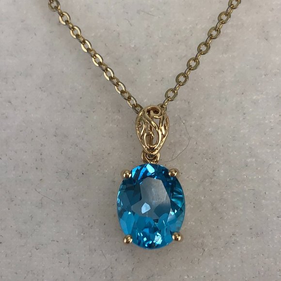 NEW - Macy's 14KT Solid Gold Genuine Oval Blue Topaz Pendant Glamcore Sparkly - Picture 3 of 17